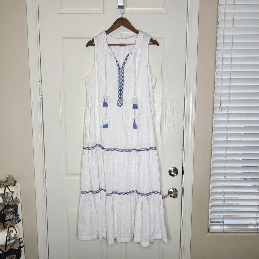 Tommy Bahama White Sleeveless Midi Dress with Blue Trim - Picture 2 of 7